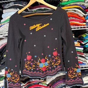 ‘00s Harley Davidson flame rose graphic long sleeve women’s shirt m/l
